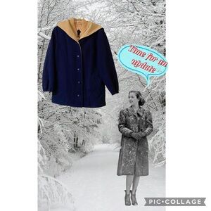 Vintage Mackintosh Vest Hooded Coat Navy Blue & Tan Women's Size 8 Wool Pea Coat